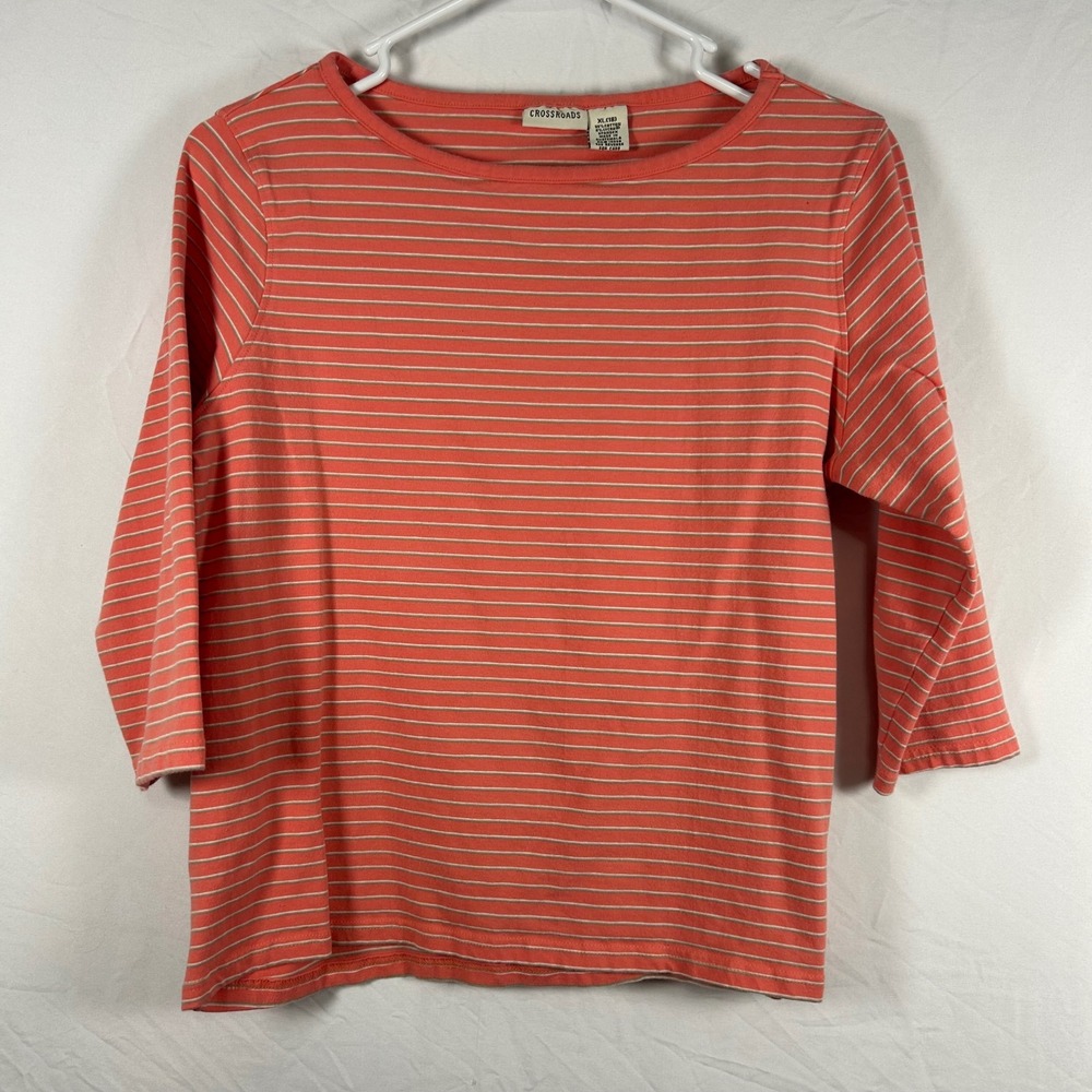 Crossroads Striped Top Womens XL Coral Pink 3/4 Sleeve Boat Neck Stretch
